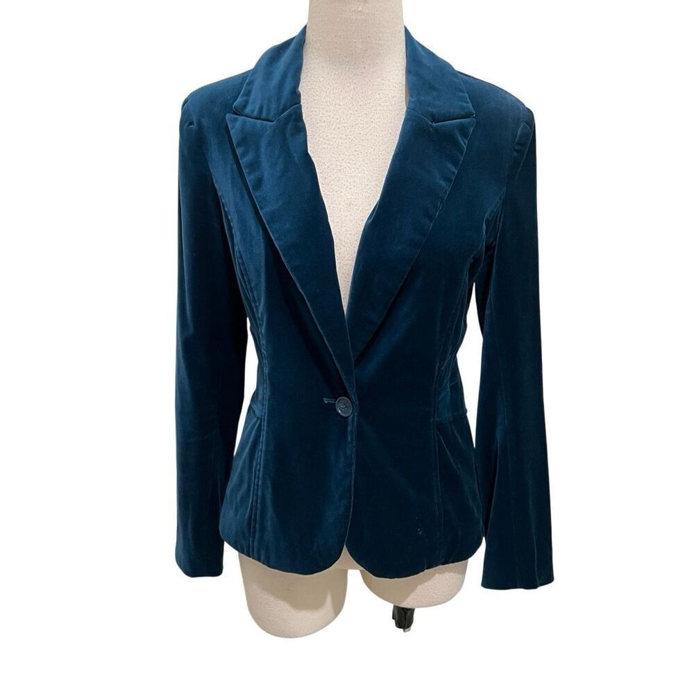 Cache Women's Single Breasted Peak Lapel Velour Blazer Jacket Teal Size 2